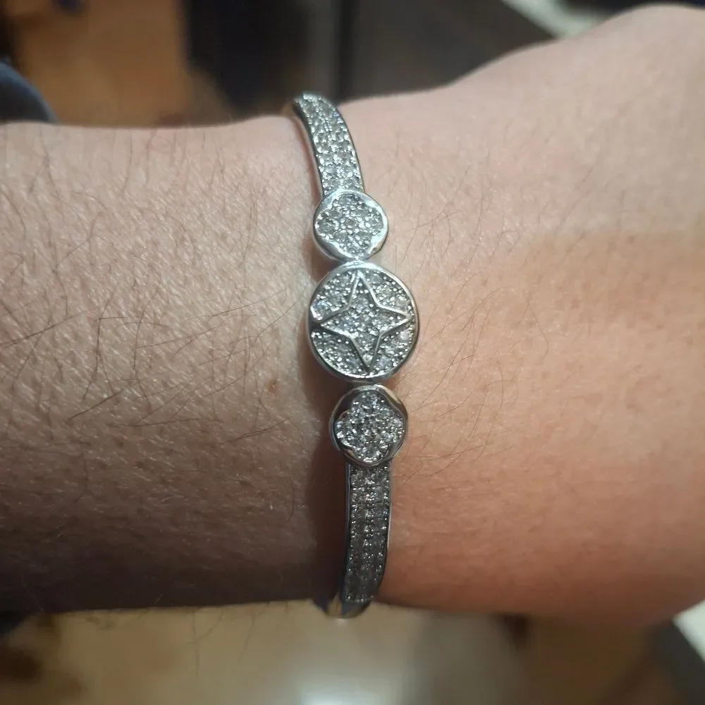 Silver Diamond Clover Bangle Bracelet